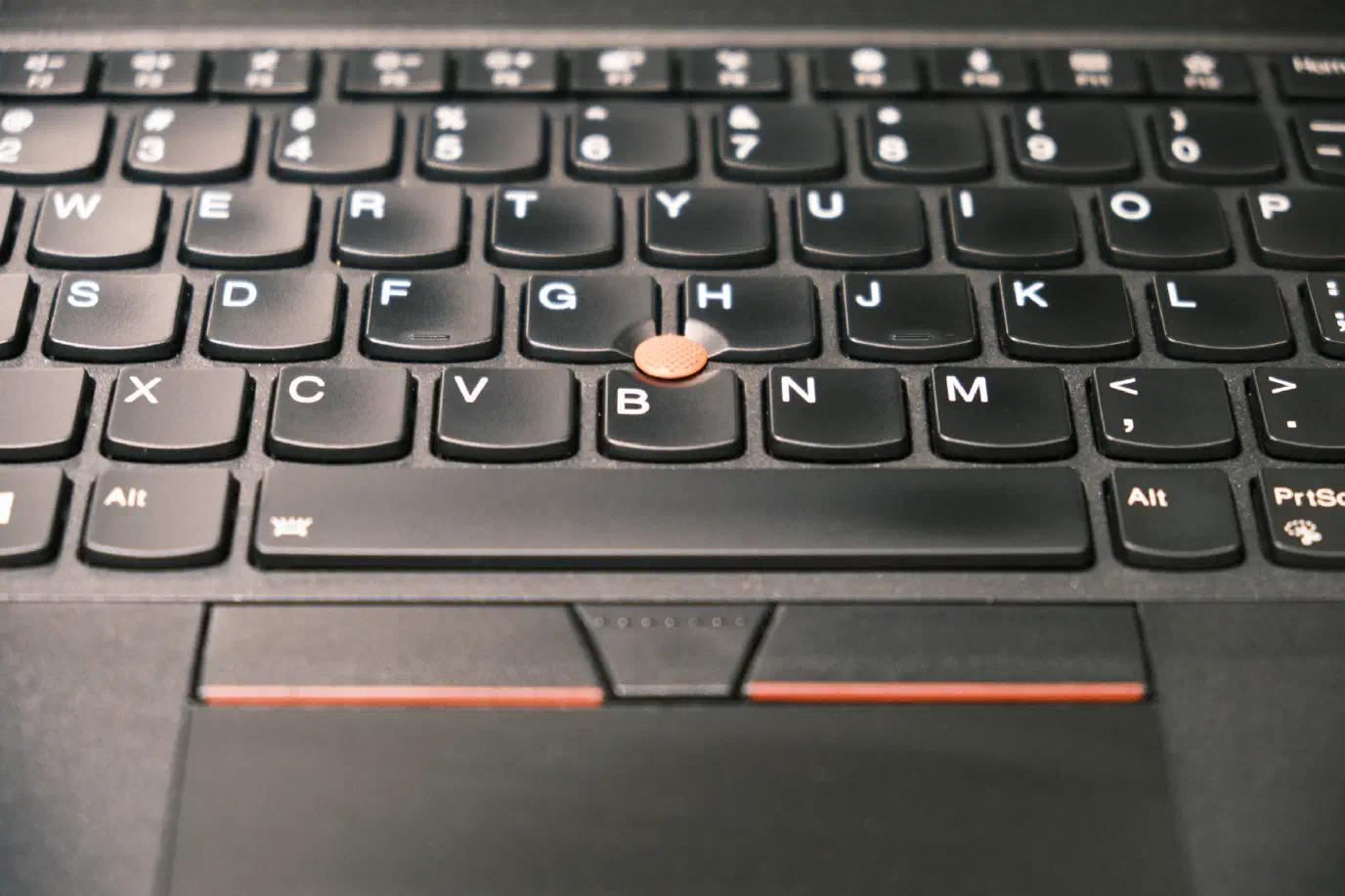A ThinkPad P53 keyboard focused on the TrackPoint A ThinkPad P53 keyboard focused on the TrackPoint