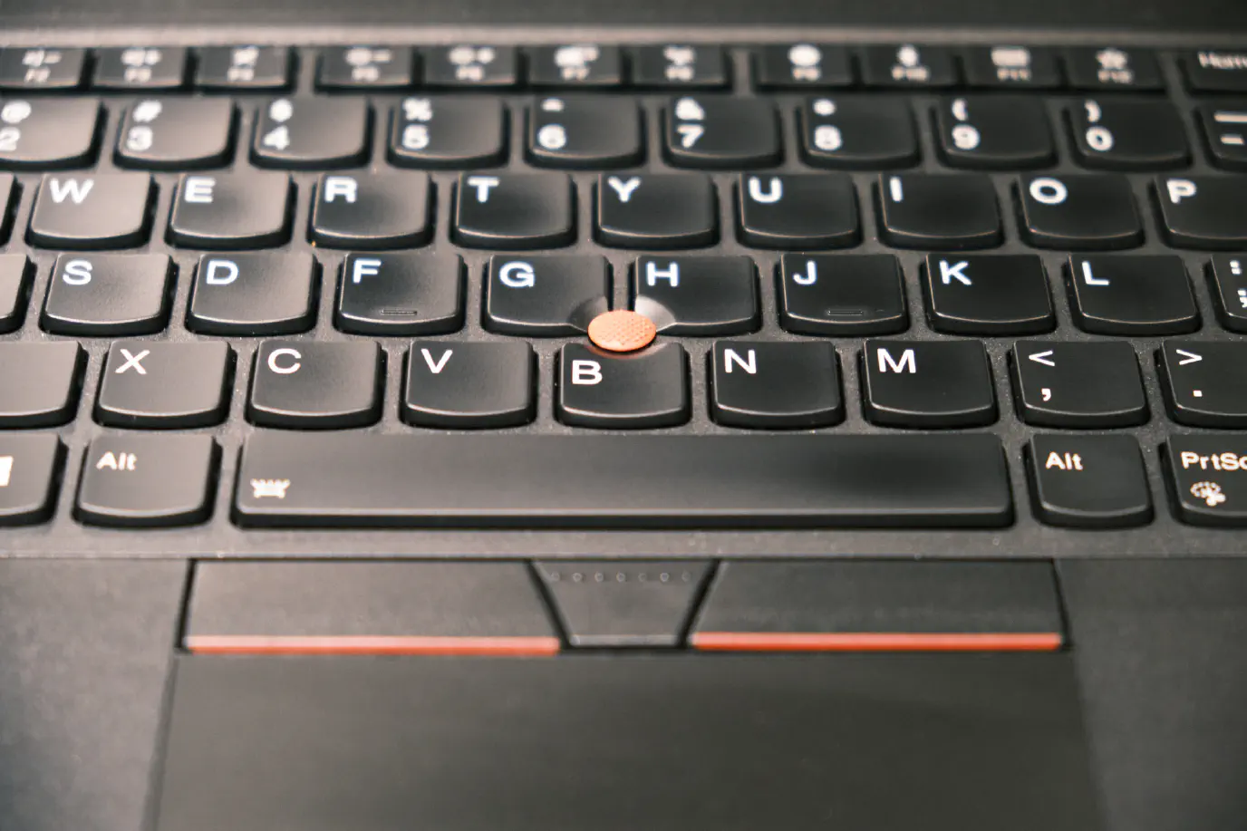 A ThinkPad P53 keyboard focused on the TrackPoint