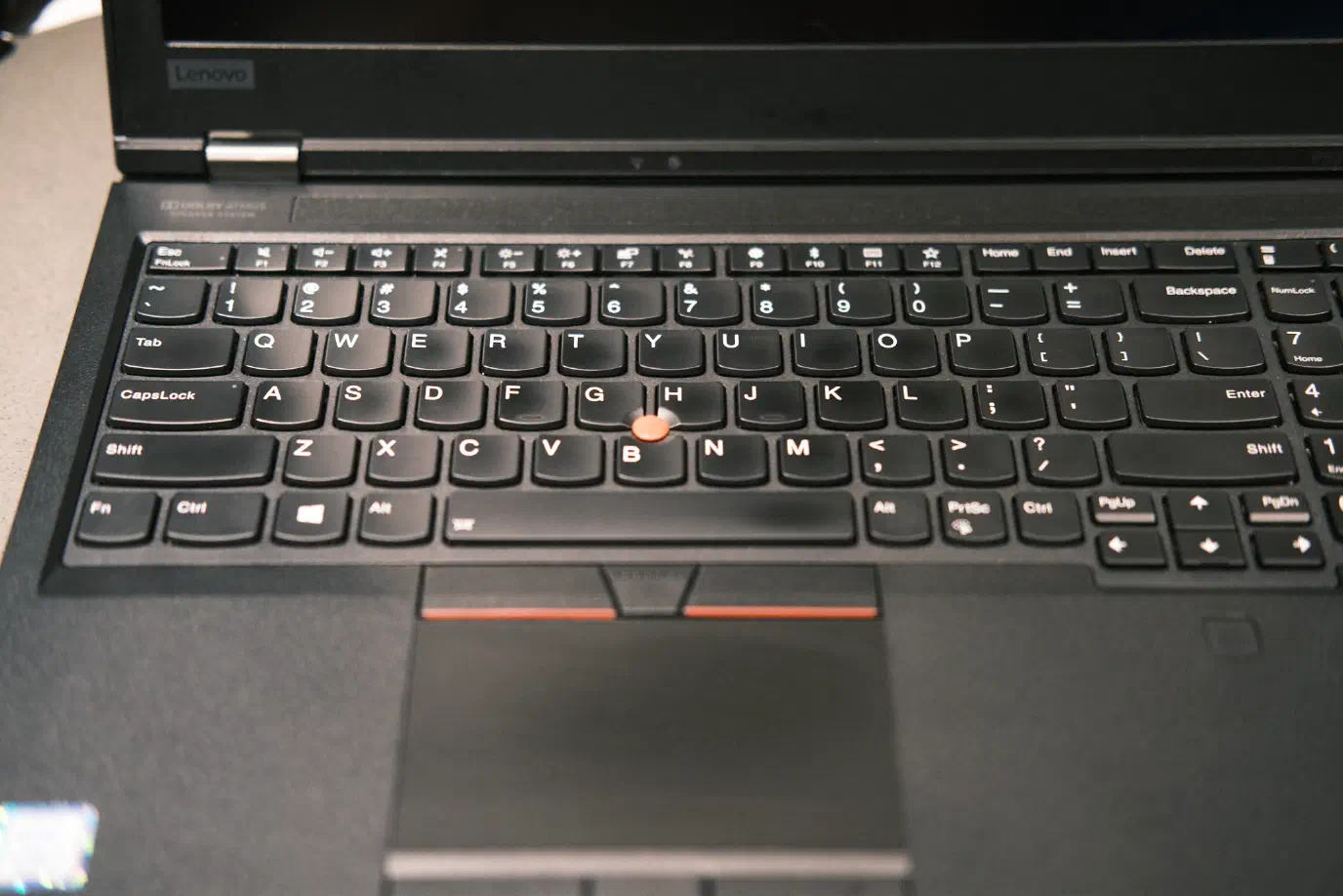 A wide shot of a ThinkPad P53 keyboard with the right-side numpad out of frame A wide shot of a ThinkPad P53 keyboard with the right-side numpad out of frame