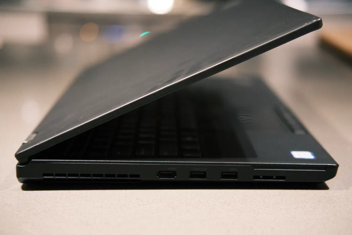 The left side of a ThinkPad P53 with the display opened to about 30 degrees The left side of a ThinkPad P53 with the display opened to about 30 degrees